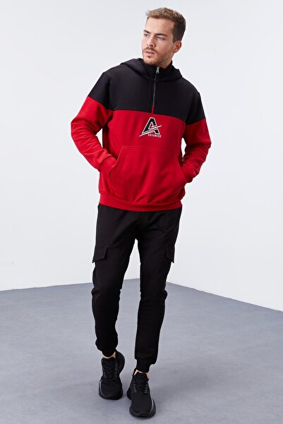 TOMMY LIFE Червен мъжки стандартен суичър с половин цип и качулка - 88033