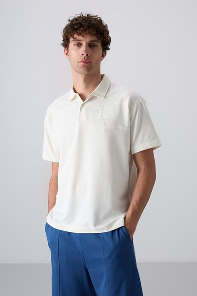 TOMMY LIFE Ecru Cotton Thick Soft Textured Oversize Fit Printed Polo Collar Men's T-Shirt - 88347