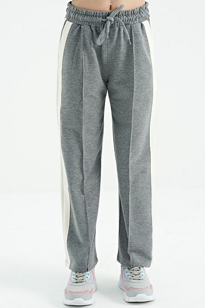 TOMMY LIFE Gray Melange Girl's Sweatpants with Wide Leg and Side Band Detail - Comfortable Fit with Laces - 75119