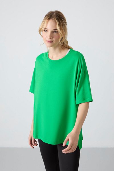 TOMMY LIFE Green Oversize Combed Cotton Modal Women's T-Shirt - Soft Button Basic Model - 97285