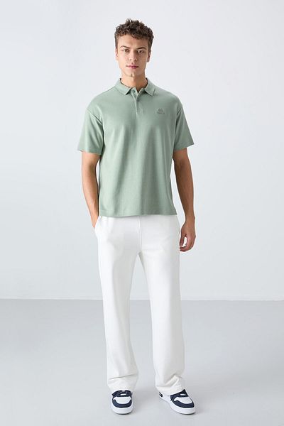 TOMMY LIFE Light Green Cotton Thick Soft Textured Oversize Fit Basic Polo Collar Men's T-Shirt - 88327