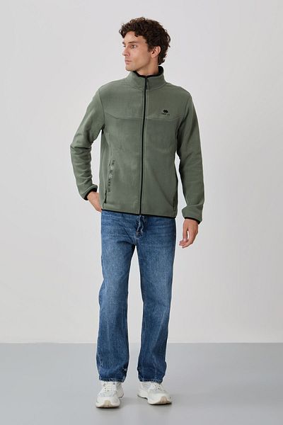 TOMMY LIFE Pánská mikina Çağla Text Vyšívaný stojáček Zip na zip Standardní velikost Fleece - 87992