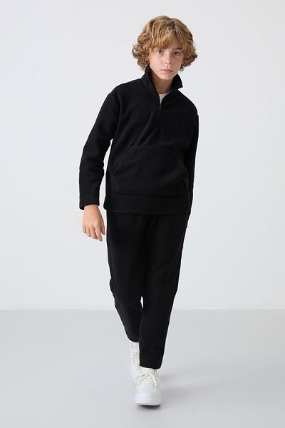 TOMMY LIFE Σετ φόρμας Fleece για αγόρι - Μαύρο κεντημένο, παχιά απαλή υφή - 11218