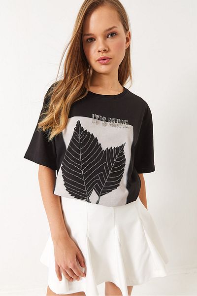 Bianco Lucci Women's Crew Neck Beaded Stone Detailed Leaf Pattern Printed T-Shirt 60261390