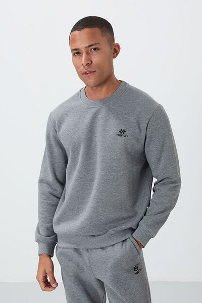 TOMMY LIFE Γκρι μελανζέ βαμβακερό χοντρό τρίχωμα εσωτερικά με απαλή υφή Comfort Fit Κεντημένο ανδρικό σετ φούτερ -85265