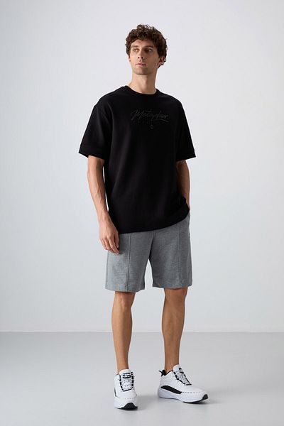 TOMMY LIFE Γκρι μελανζ βαμβακερό χοντρό μαλακό ανάγλυφο Comfort Fit Basic ανδρικό σορτς - 81261
