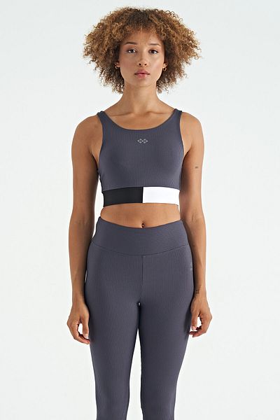 TOMMY LIFE Anthracite Color Blocked Logo Printed Slim Fit Ribbed Women's Bustier - 97275