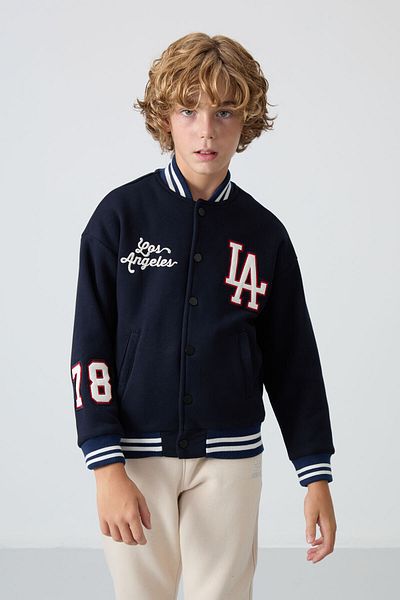 TOMMY LIFE Navy Blue Cotton Thick Furry Soft Textured Standard Fit Embroidered Boy's College Jacket - 1125
