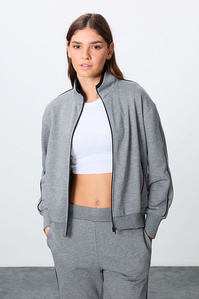 TOMMY LIFE Gray Melange Oversize Cotton Tracksuit Set - Stand Collar, Smooth Texture - 95340