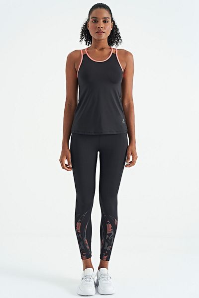 TOMMY LIFE Black Double Strap Back Detailed Standard Mold Women's Sports Undershirt - 97258