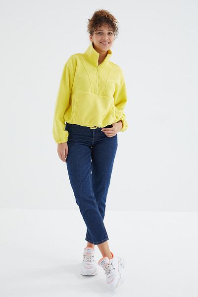 TOMMY LIFE Lemon Half Zipper Gathered Hem Women's Fleece Oversize Sweatshirt - 97171