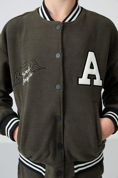 TOMMY LIFE Χακί Κεντημένο Κοριτσίστικο Fleece College Jacket - Χοντρή απαλή υφή, Standard Fit - 75156