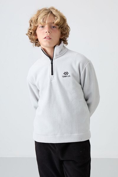 TOMMY LIFE Boy's Fleece Sweatshirt - Embroidered, Soft Texture, Stone Color - 11221