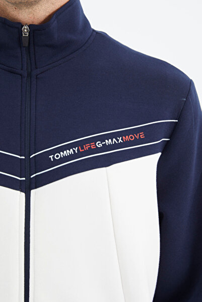 TOMMY LIFE Ecru Stand Collar Color Blocked Hidden Pocket Detailed Comfortable Fit Men's Sweatshirt - 88290