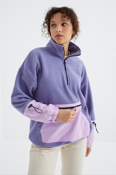 TOMMY LIFE Hanorac supradimensionat din lână violet deschis - Jumătate cu fermoar, tiv adunat - 97238
