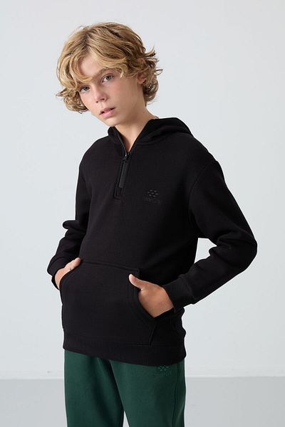 TOMMY LIFE Hanorac din bumbac negru brodat pentru băieți - grăsime pe interior, textura moale - 11244