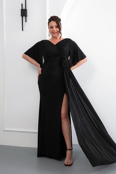 Lafaba Women's Black Short Sleeve Plus Size Long Evening Dress