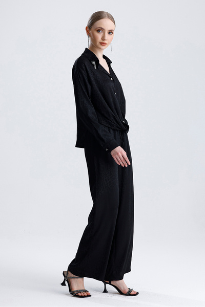 MD trend Women's Patterned Collar Stone Detailed Tie Satin Shirt and Trousers Double Set