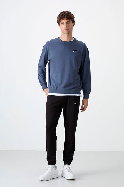 TOMMY LIFE Petrol - Μαύρο Casual O λαιμόκοψη, βαμβακερό ανδρικό σετ φόρμας oversize - 85120