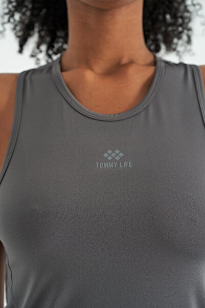 TOMMY LIFE Dark Gray O-Neck Slit Women's Sports Undershirt - Zero Sleeve, Standard Fit - 97256