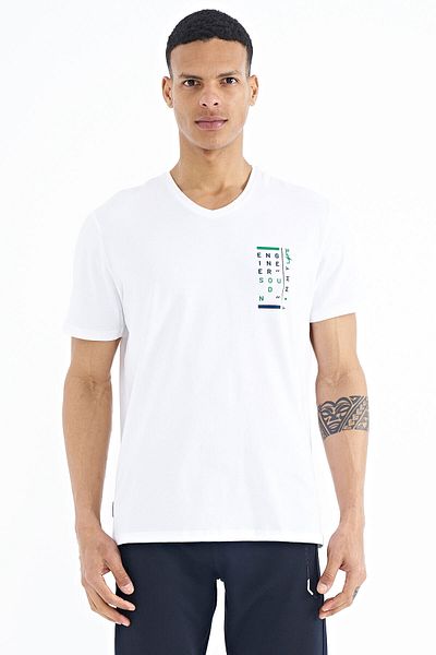 TOMMY LIFE Ανδρικό μπλουζάκι White Print Detailed V-Neck Standard Fit - 88186
