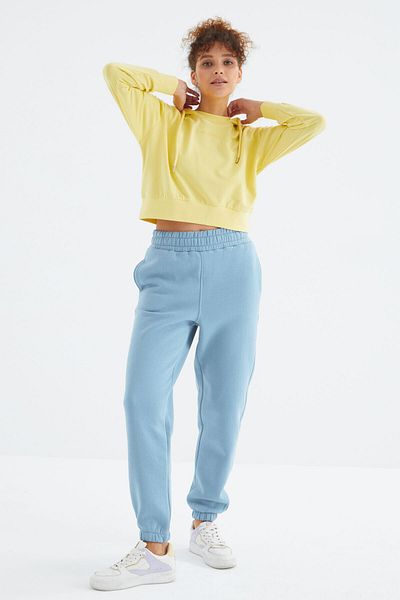 TOMMY LIFE Pantaloni de sport pentru femei, albastru deschis, cu talie înaltă, formă relaxată, Jogger - 94624