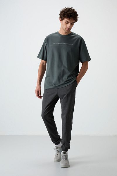TOMMY LIFE Anthracite Melange Cotton Soft Textured Comfort Fit Embroidered Ανδρικό Jogger - 82123