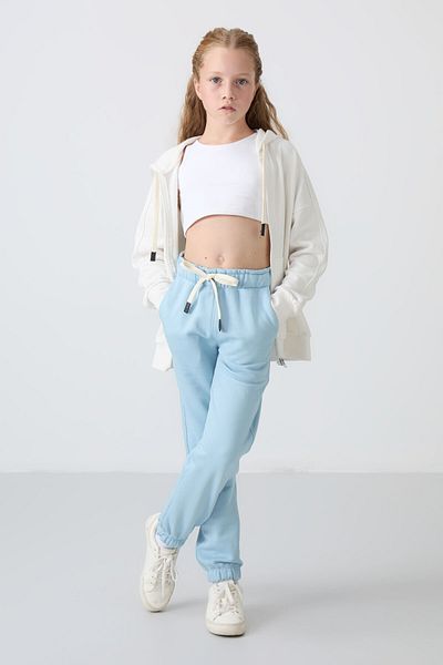 TOMMY LIFE Pantaloni de trening pentru fete cu broderie - albastru deschis, bumbac, grămadă în interior, textura moale - 75158