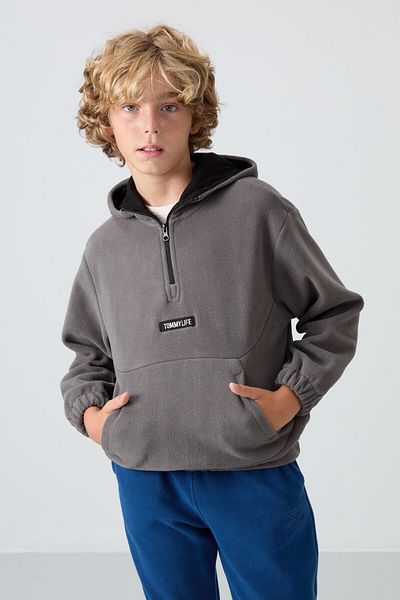 TOMMY LIFE Φούτερ Fleece για αγόρι - Σκούρο Γκρι, Κεντημένο, Χοντρό μαλακή υφή - 11230