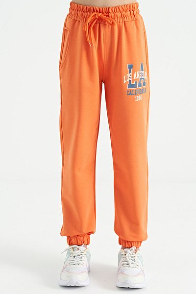 TOMMY LIFE Partea de jos a treningului pentru fete Jogger cu model standard brodat cu text portocaliu - 75120