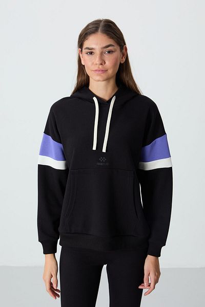 TOMMY LIFE Hanorac negru supradimensionat cu glugă pentru femei cu textura netedă groasă - 97290