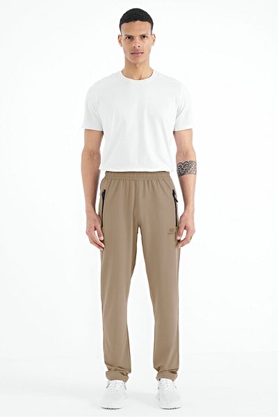 TOMMY LIFE Pantaloni de sport bej cu fermoar și 3 buzunare pentru bărbați - 84768