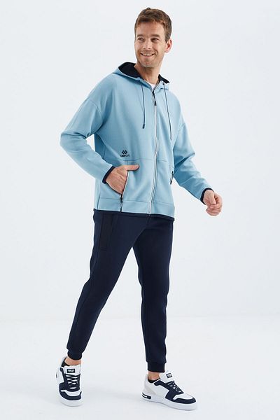 TOMMY LIFE Light Blue Hooded Men's Sweatshirt with Hidden Pocket Detail - 88288