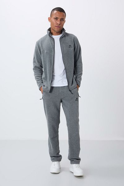 TOMMY LIFE Men's Fleece Tracksuit Set - Gray Melange, Stand Collar, Zipper Pocket, Standard Fit - 85193