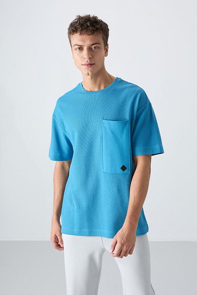 TOMMY LIFE Ανδρικό μπλουζάκι Petrol Blue Cotton με υφή με υφή Oversize Fit Basic - 88341