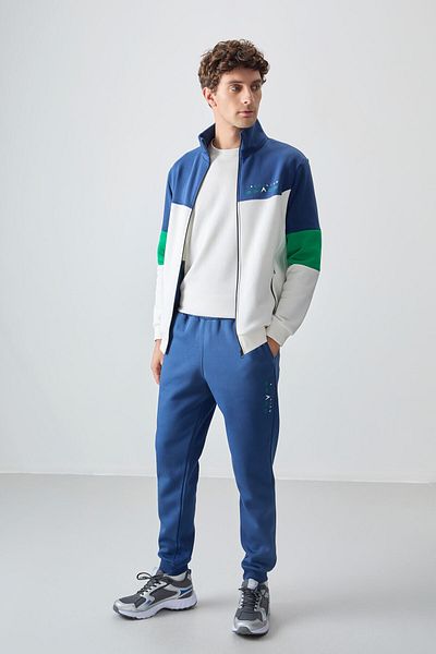 TOMMY LIFE Ecru - Set de trening pentru bărbați cu guler în picioare Indigo cu tranziție de culoare și fleece în interior - 85186