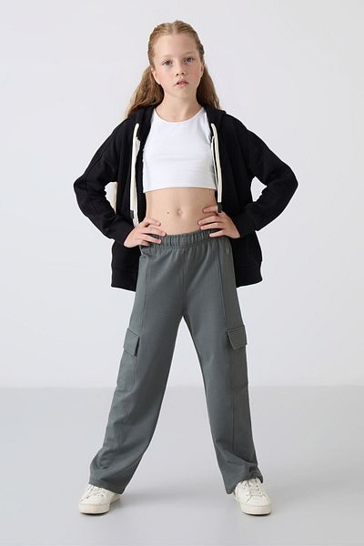 TOMMY LIFE Girl's Khaki Sweatpants - Wide Leg, Cargo Pocket and Front Stitching Detail - 75143