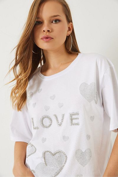 Bianco Lucci Tricou de damă cu decolteu și mărgele cu imprimeu inimă de piatră 60261389