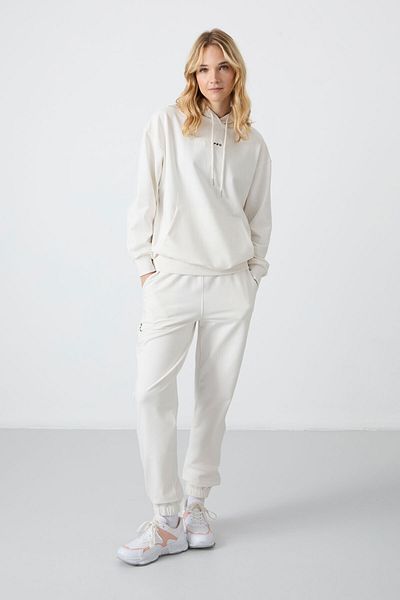 TOMMY LIFE Ecru Hooded Kangaroo Pocket Oversize Rubber Leg Women's Tracksuit Set - 95288