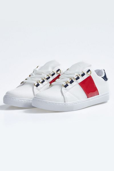 TOMMY LIFE Alb - Albastru bleumarin, pantofi sport pentru damă, cu dungi din piele artificială, cu șireturi - 89202