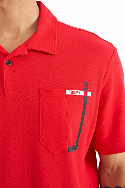 TOMMY LIFE Red Pocket Detailed Printed Standard Fit Polo Neck Men's T-shirt - 88241