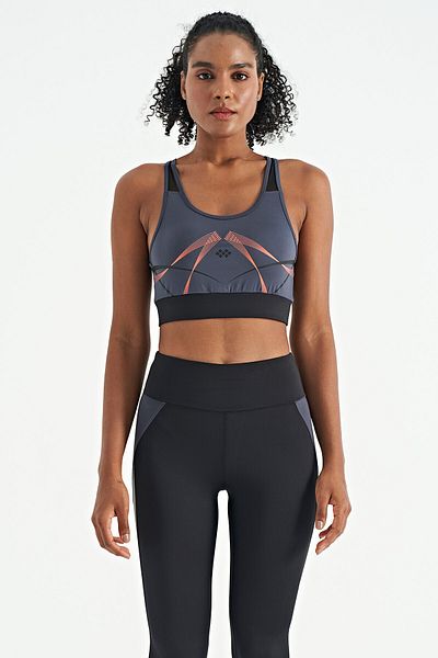 TOMMY LIFE Anthracite Front and Back Print Detailed U-Neck Slim Fit Women's Sports Bustier - 97252