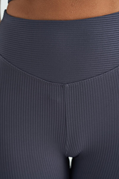 TOMMY LIFE Anthracite Piping Detailed High Waist Slim Fit Ribbed Women's Leggings - 94643