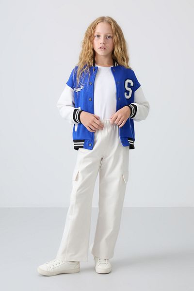 TOMMY LIFE Ecru Girl's Sweatpants with Wide Leg and Front Stitching Detail - Cargo Pocket - 75143