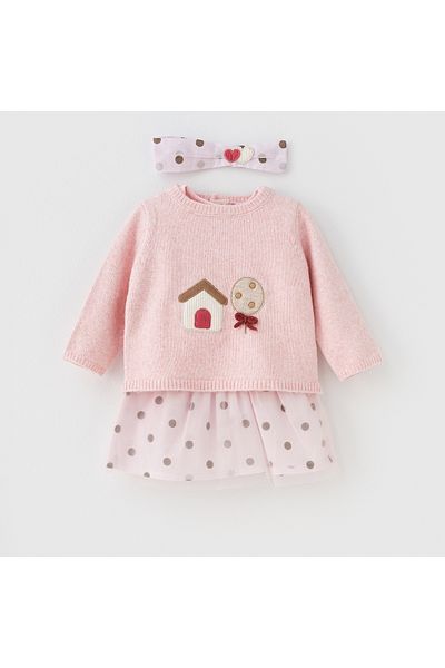 İNDİGO Baby Girl Pink Seasonal Dress and Knitwear Bandana Set