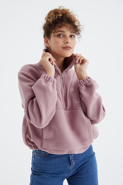 TOMMY LIFE Hanorac oversize din fleece pentru femei Dusty Rose, cu jumătate de fermoar, tiv adunat - 97171
