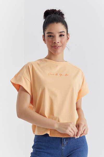 TOMMY LIFE Melon Minimal Text Printed O Neck Oversize Women's T-shirt - 97219