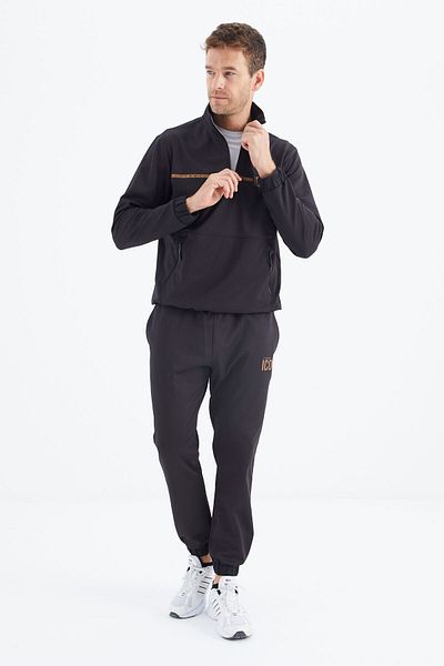 TOMMY LIFE Μαύρη ανδρική αθλητική φόρμα Stand-up Collar - 85215
