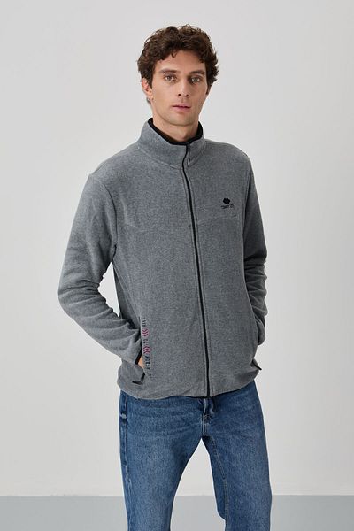 TOMMY LIFE Ανδρικό φούτερ Fleece - Grey Melange, Κεντημένος γιακάς, Φερμουάρ - 87992