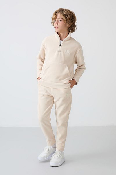 TOMMY LIFE Σετ φόρμας για αγόρι Fleece - Μπεζ, Κεντημένο, Χοντρό απαλή υφή - 11218